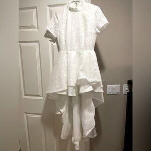 White Asymmetrical Mini Dress with High Neck
